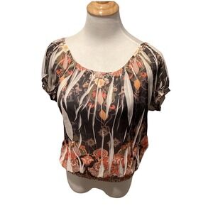 Papaya Women Orange Black Paisley Print Smocked Hem Blouse Medium T10136-7774